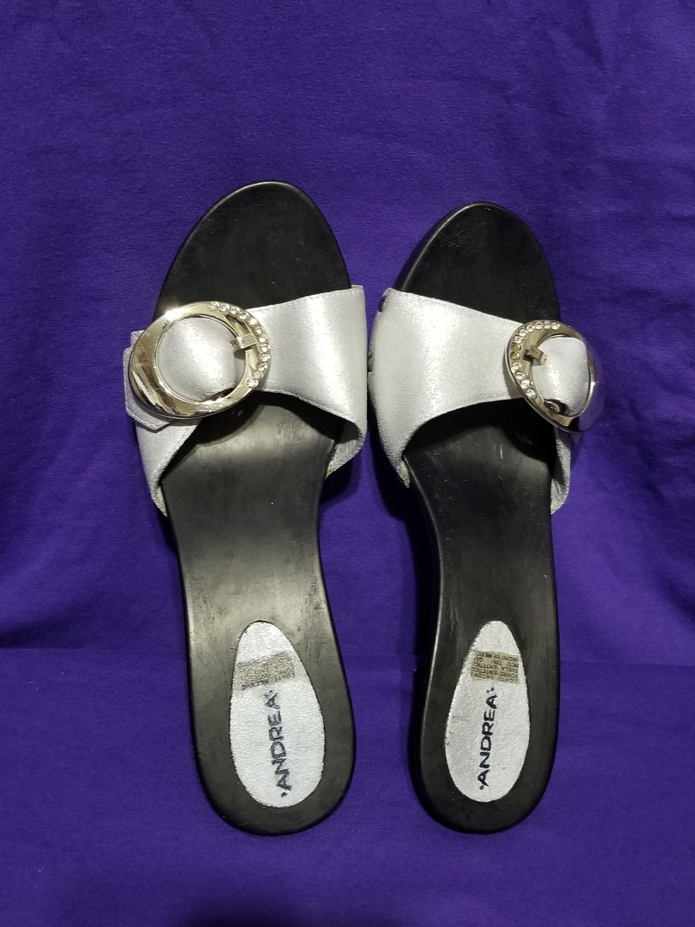 ANDREA Silver Slide Low-Heeled Sandals with Gold Rhinestone-Studded Buckles
